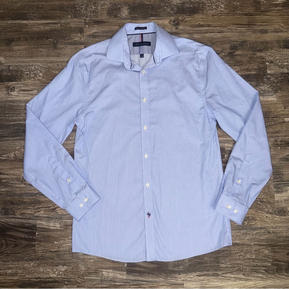 Tommy Hilfiger Blue White Striped Button-Up Slim-Fit Non-Iron Dress Shirt Sz 15